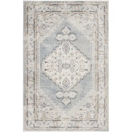 Light Blue Ivory And Brown Floral Medallion Distressed Washable Area Rug Photo 9