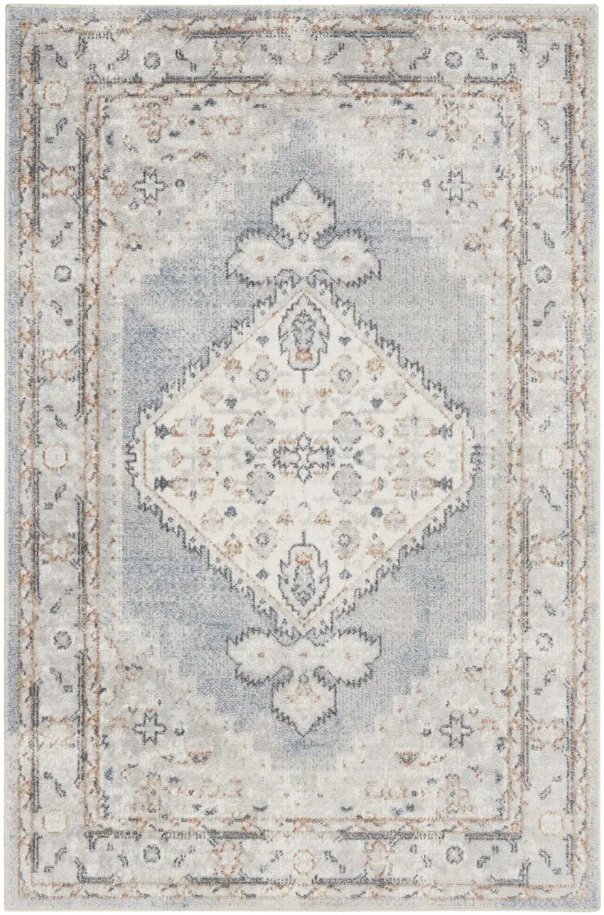 Light Blue Ivory And Brown Floral Medallion Distressed Washable Area Rug Photo 9