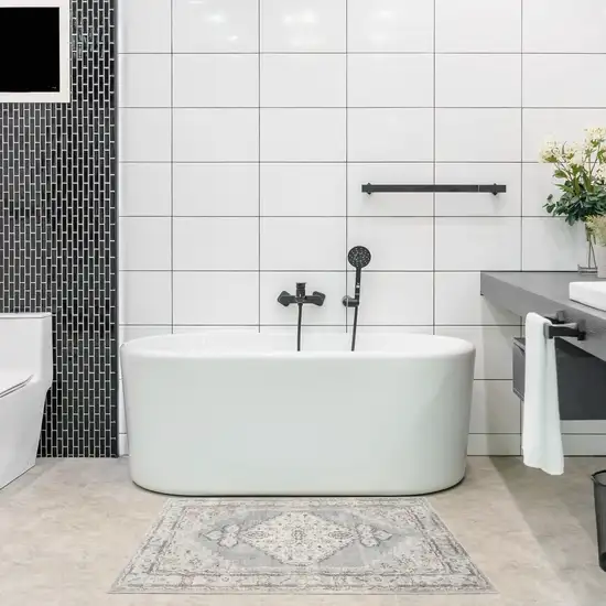 Light Blue Ivory And Brown Floral Medallion Distressed Washable Area Rug Photo 6