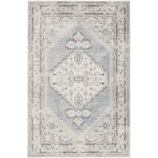 Light Blue Ivory And Brown Floral Medallion Distressed Washable Area Rug Photo 7