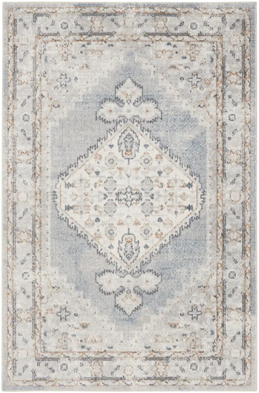 Light Blue Ivory And Brown Floral Medallion Distressed Washable Area Rug Photo 7