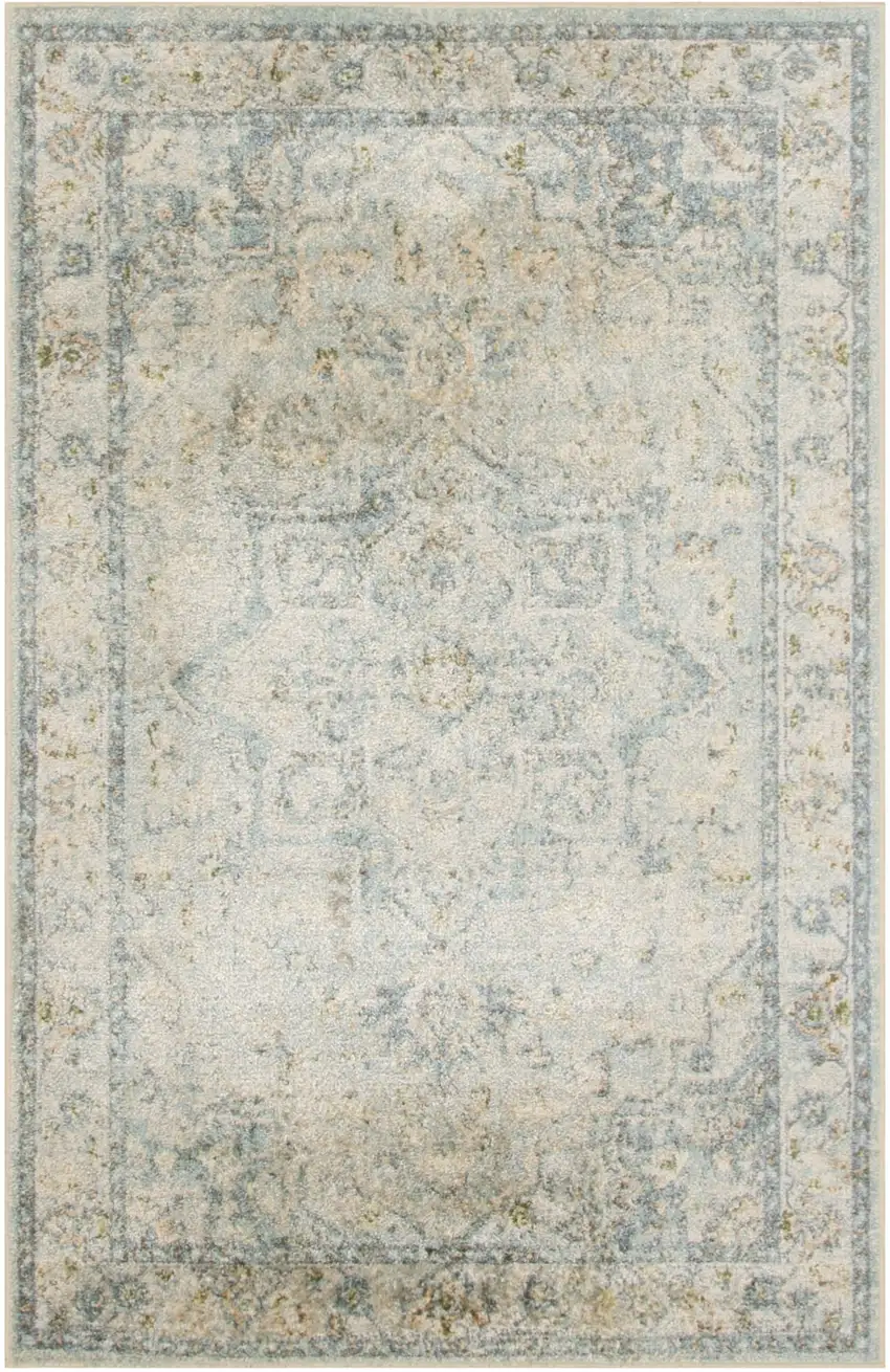 Light Blue Ivory And Yellow Floral Medallion Washable Area Rug Photo 9