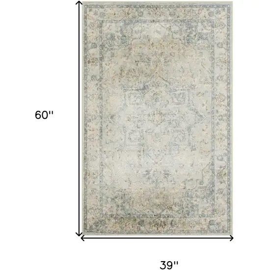 Light Blue Ivory And Yellow Floral Medallion Washable Area Rug Photo 3