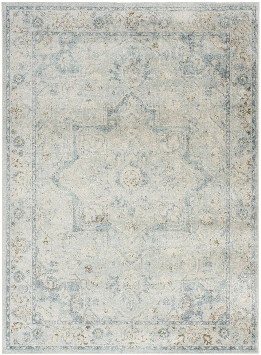 Light Blue Ivory And Yellow Floral Medallion Washable Area Rug Photo 6