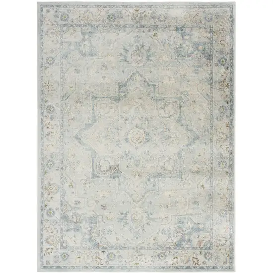 Light Blue Ivory And Yellow Floral Medallion Washable Area Rug Photo 6