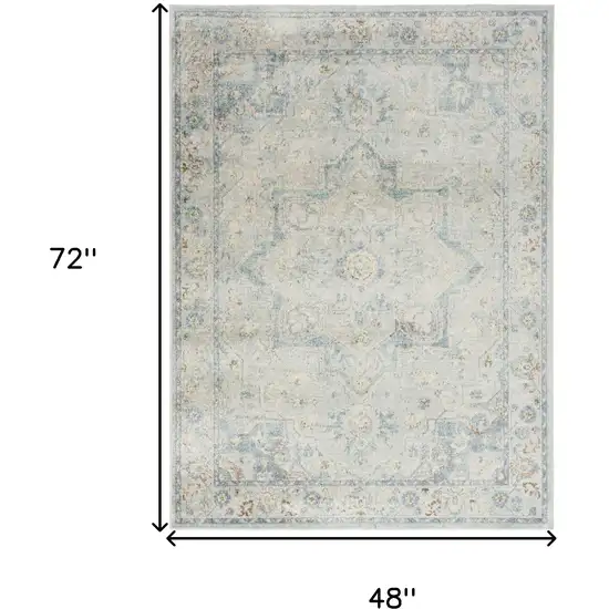 Light Blue Ivory And Yellow Floral Medallion Washable Area Rug Photo 3