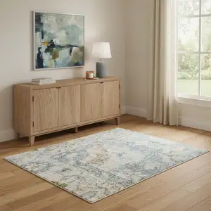 Photo of Light Blue Ivory And Yellow Floral Medallion Washable Area Rug