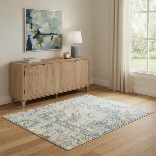 Light Blue Ivory And Yellow Floral Medallion Washable Area Rug Photo 1