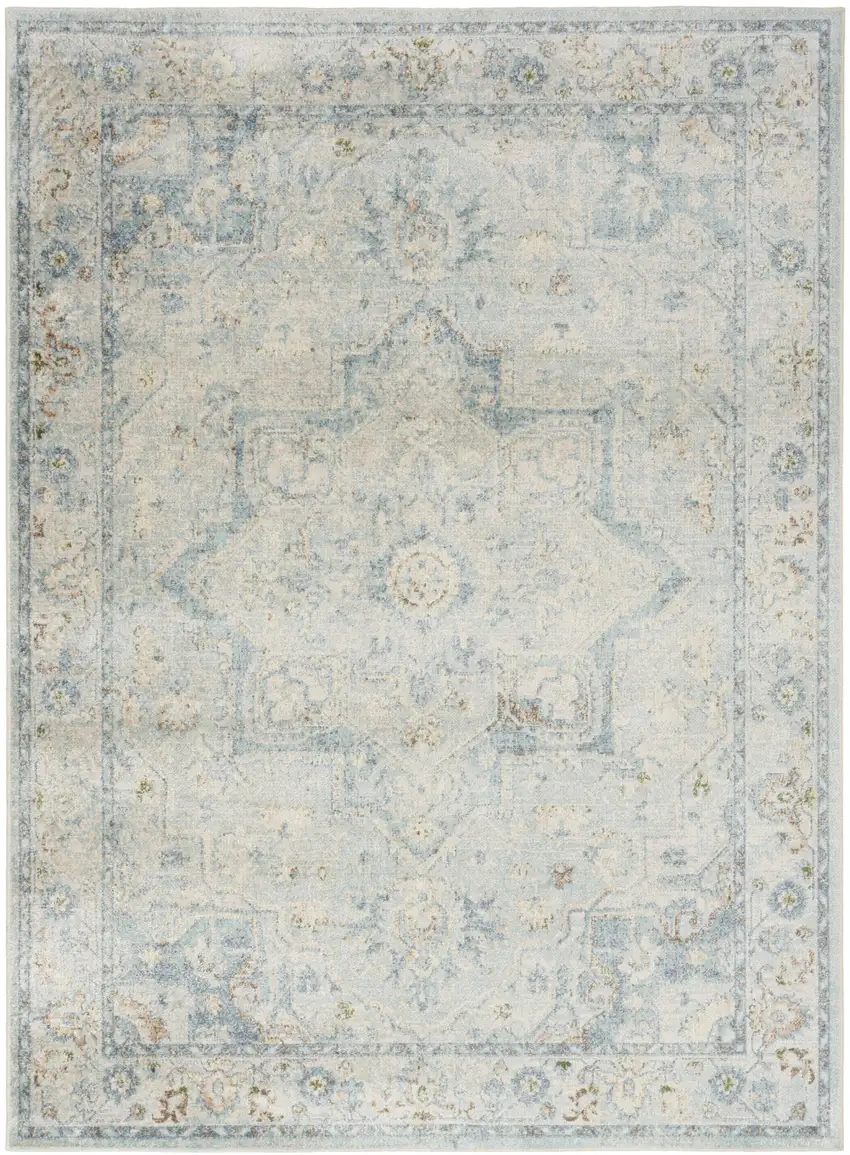 Light Blue Ivory And Yellow Floral Medallion Washable Area Rug Photo 9