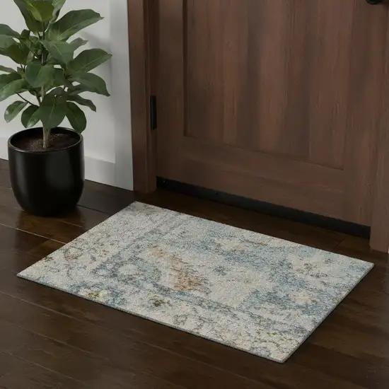 Light Blue Ivory And Yellow Floral Medallion Washable Area Rug Photo 1