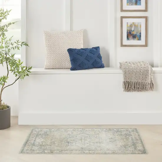 Light Blue Ivory And Yellow Floral Medallion Washable Area Rug Photo 4