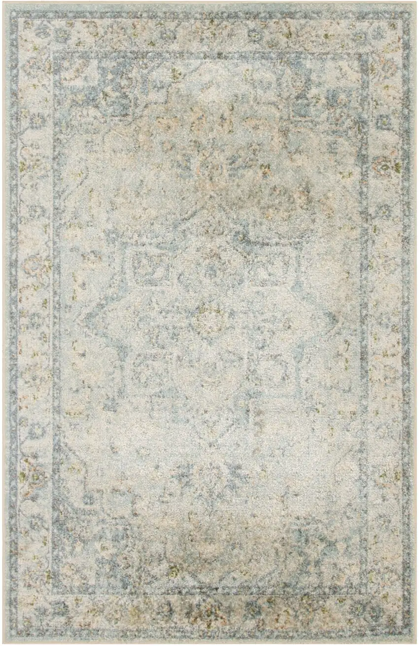 Light Blue Ivory And Yellow Floral Medallion Washable Area Rug Photo 7
