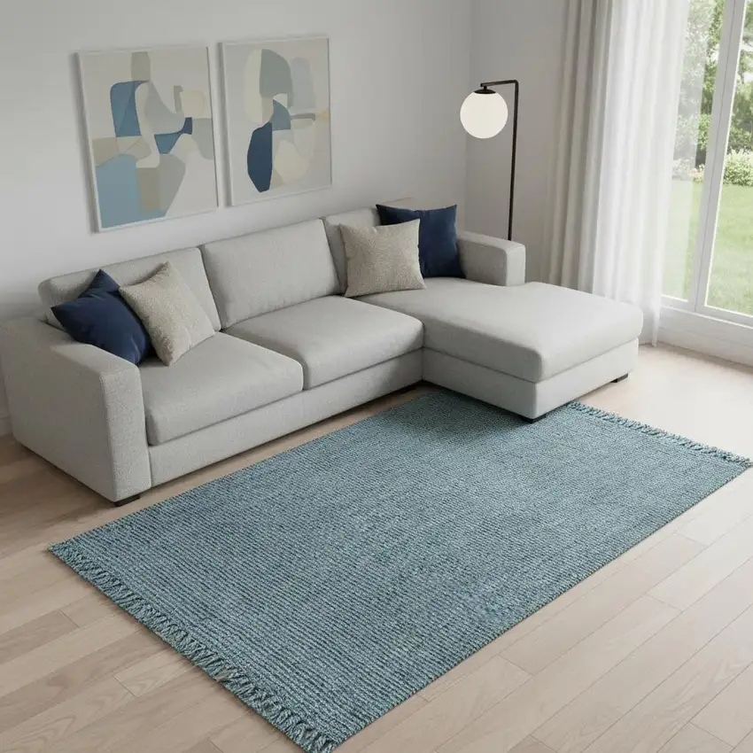 Light Blue Jute Handmade Area Rug With Fringe Photo 2