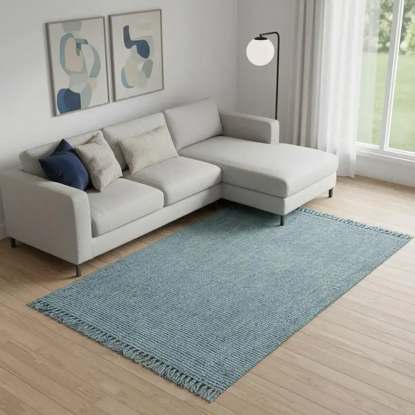 Light Blue Jute Handmade Area Rug With Fringe Photo 2