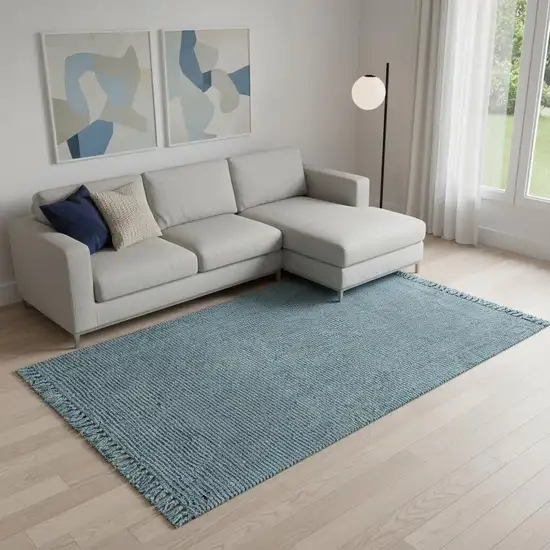 Light Blue Jute Handmade Area Rug With Fringe Photo 2