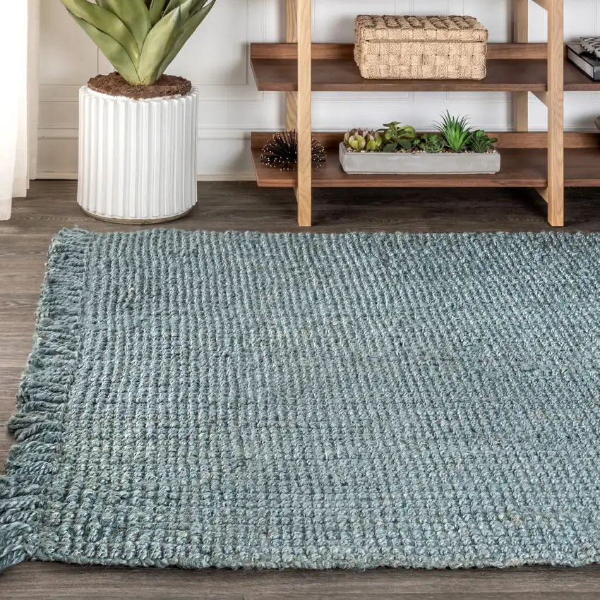 Light Blue Jute Handmade Area Rug With Fringe Photo 7