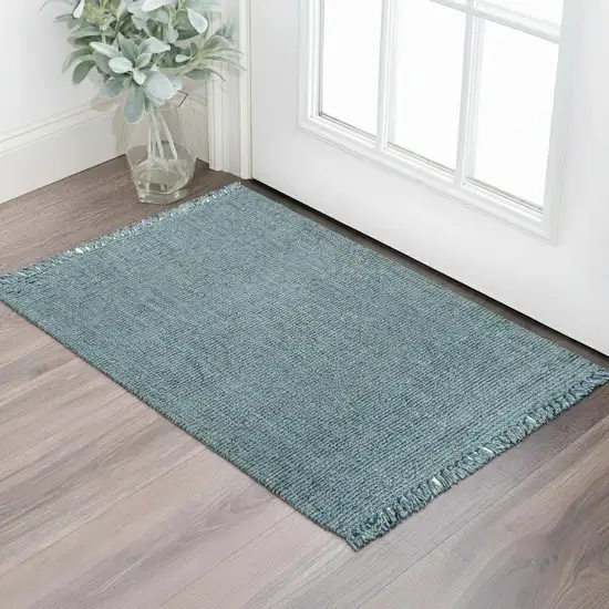 Light Blue Jute Handmade Area Rug With Fringe Photo 2