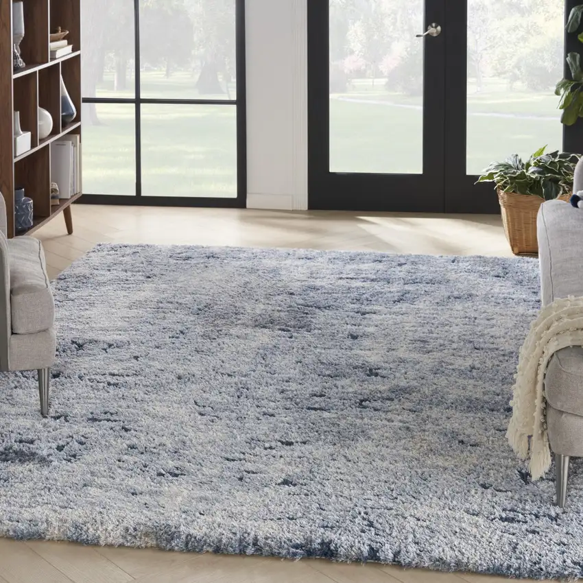 Light Blue Navy Blue and Beige Abstract Shag Area Rug Photo 5