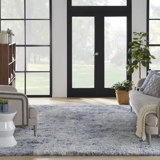 Light Blue Navy Blue and Beige Abstract Shag Area Rug Photo 6