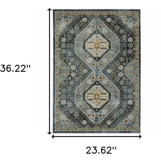 Light Blue Navy Gold Ivory And Grey Oriental Power Loom Stain Resistant Area Rug With Fringe Photo 3