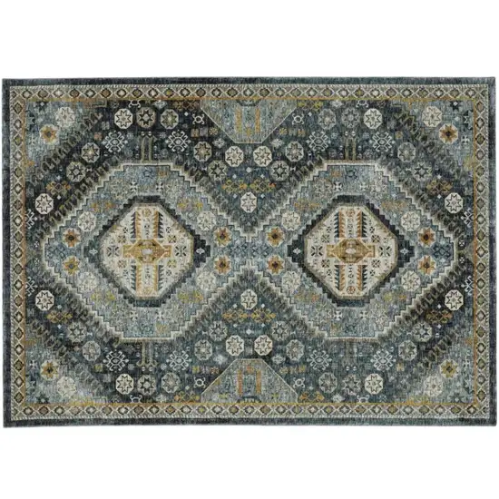 Light Blue Navy Gold Ivory And Grey Oriental Power Loom Stain Resistant Area Rug With Fringe Photo 3