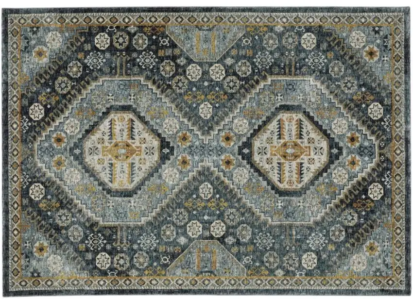 Light Blue Navy Gold Ivory And Grey Oriental Power Loom Stain Resistant Area Rug With Fringe Photo 3