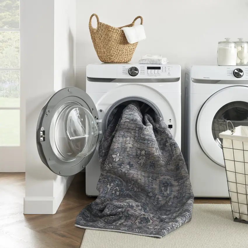 Light Blue Oriental Power Loom Distressed Washable Area Rug Photo 7