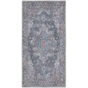 Photo of Light Blue Oriental Power Loom Distressed Washable Area Rug