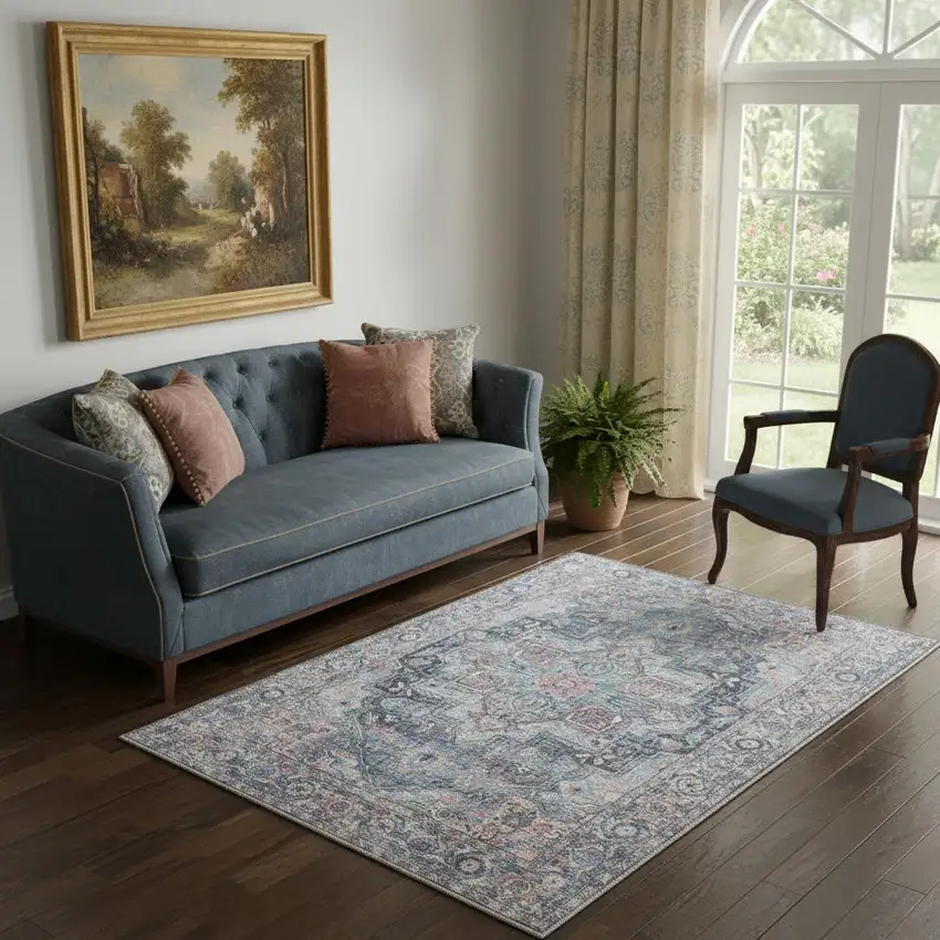 Light Blue Oriental Power Loom Distressed Washable Area Rug Photo 1