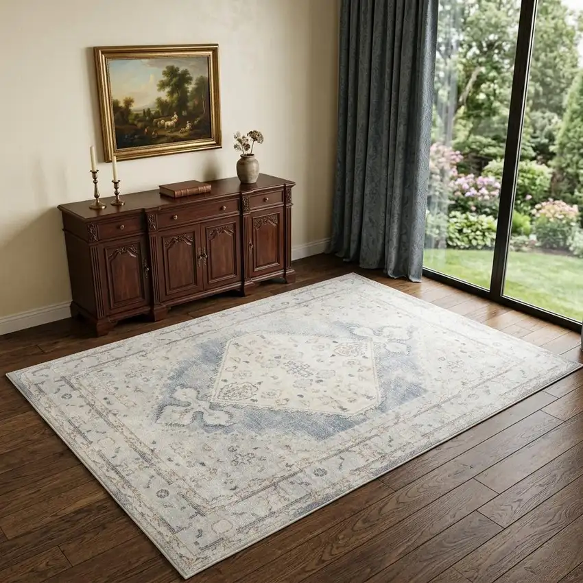 Light Blue Oriental Power Loom Distressed Washable Area Rug Photo 1