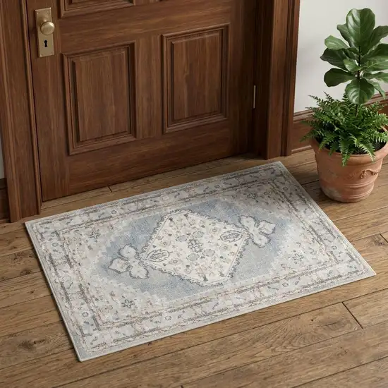 Light Blue Oriental Power Loom Distressed Washable Area Rug Photo 1