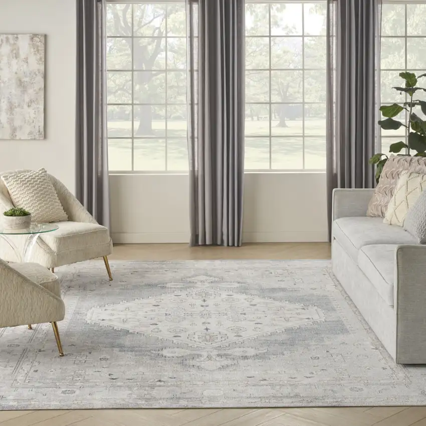 Light Blue Oriental Power Loom Distressed Washable Area Rug Photo 9