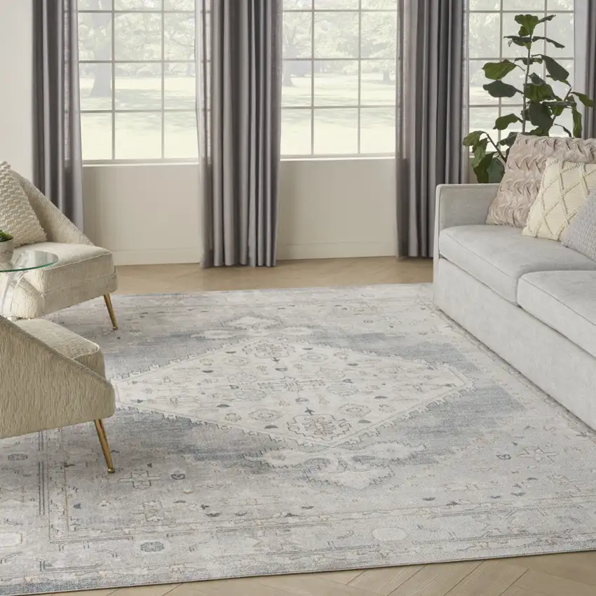 Light Blue Oriental Power Loom Distressed Washable Area Rug Photo 8
