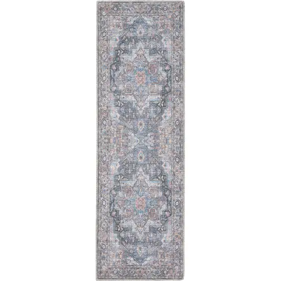 2' X 6' Light Blue Oriental Power Loom Distressed Washable Runner Rug Photo 4
