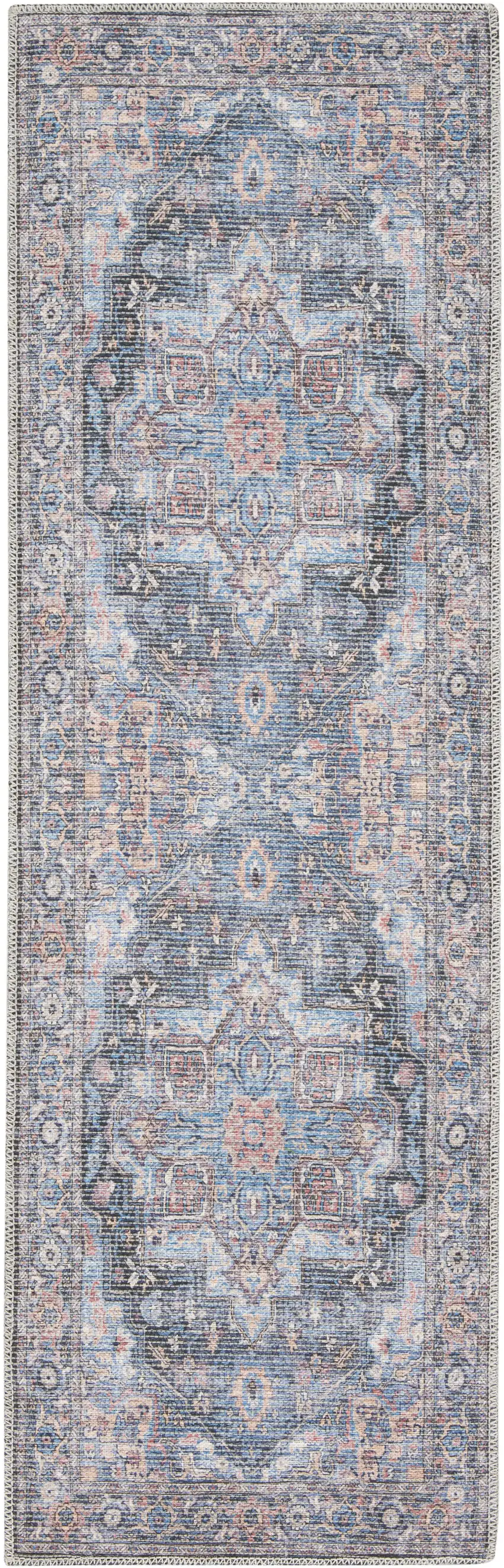 2' X 6' Light Blue Oriental Power Loom Distressed Washable Runner Rug Photo 4