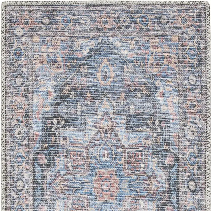 2' X 6' Light Blue Oriental Power Loom Distressed Washable Runner Rug Photo 3