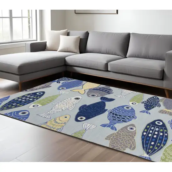 Blue Ivory And Green Fish Hand Hooked Area Rug Photo 1