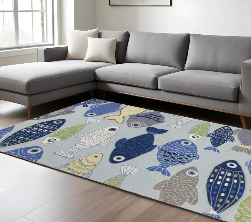 Blue Ivory And Green Fish Hand Hooked Area Rug Photo 1