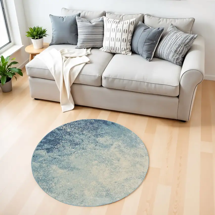 4' Blue And Ivory Abstract Round Rug Photo 2