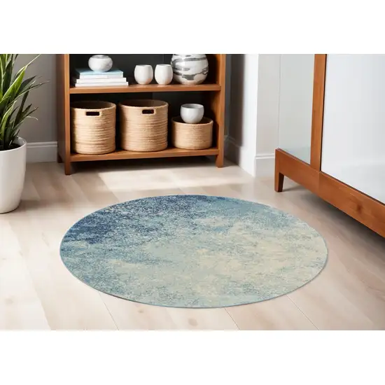 5' Blue And Ivory Abstract Round Rug Photo 2