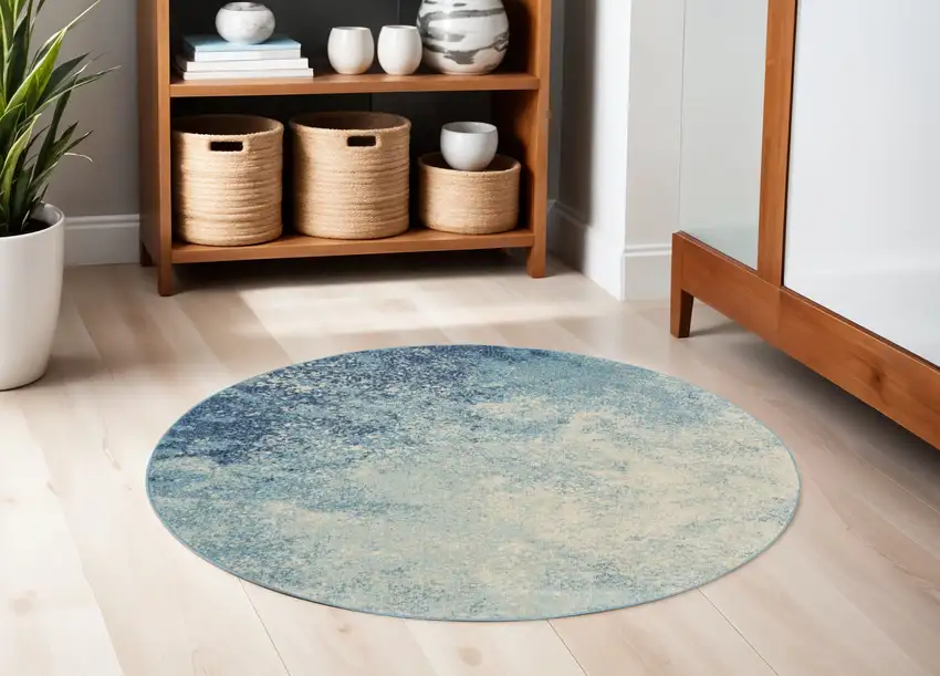5' Blue And Ivory Abstract Round Rug Photo 2