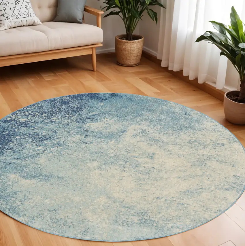 8' Blue And Ivory Abstract Round Rug Photo 2