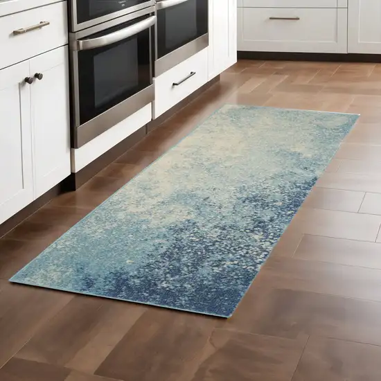 8' Blue And Ivory Abstract Runner Rug Photo 1