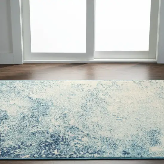 6' Blue And Ivory Abstract Runner Rug Photo 2