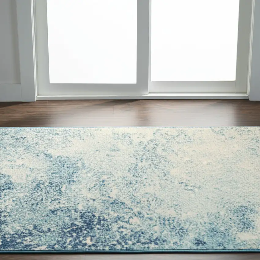 6' Blue And Ivory Abstract Runner Rug Photo 2