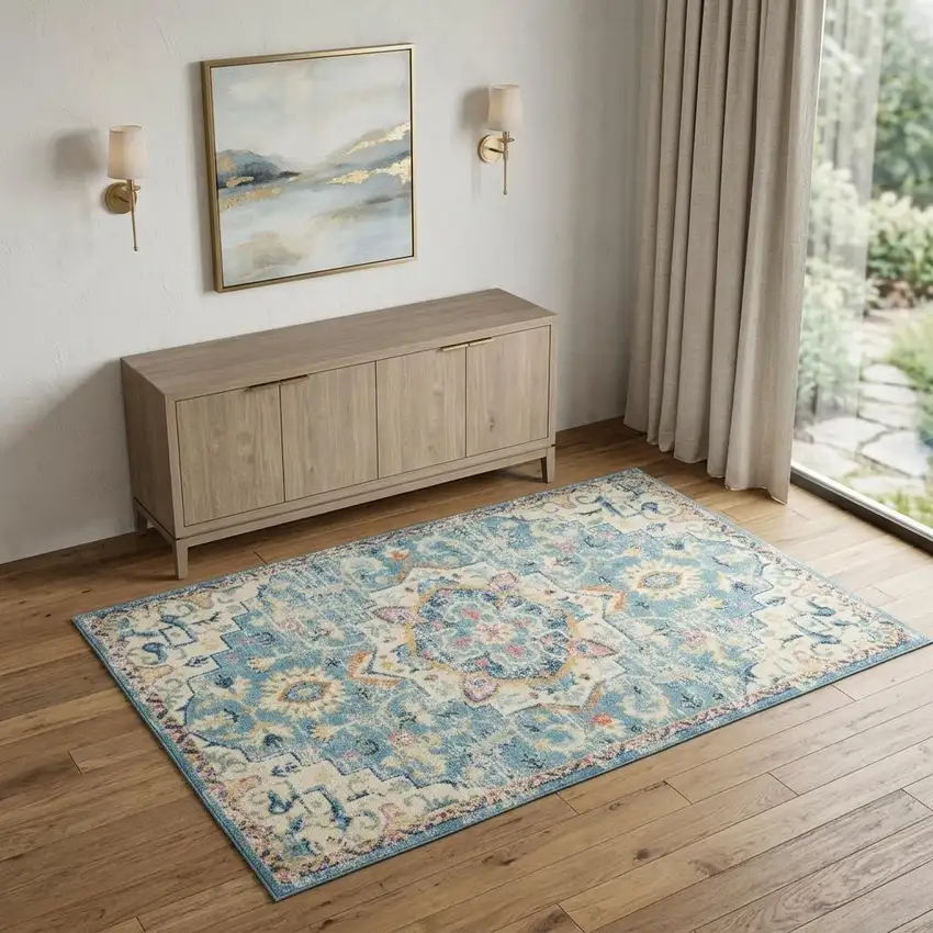 Ivory And Blue Oriental Distressed Area Rug Photo 1