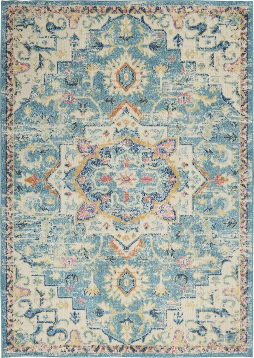 Ivory And Blue Oriental Distressed Area Rug Photo 2