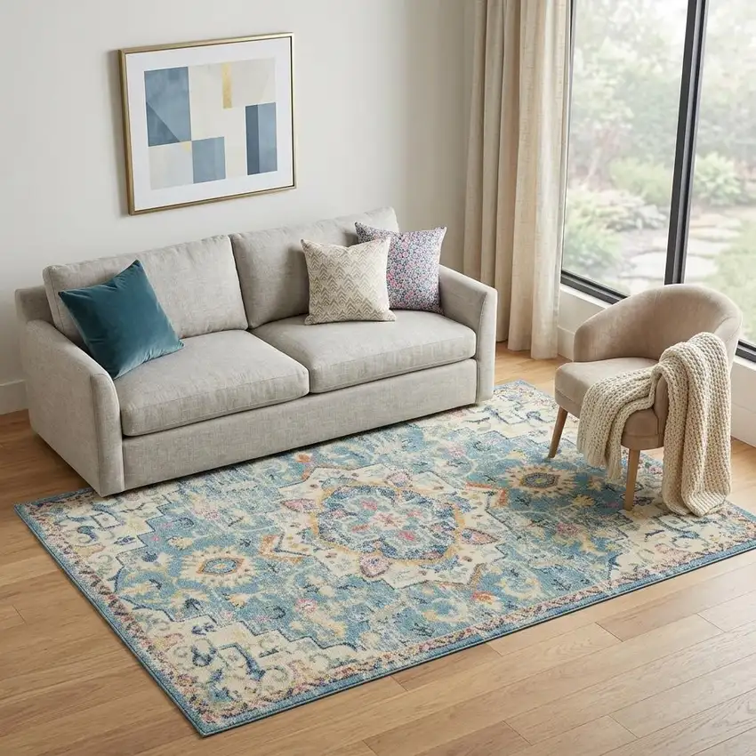 Ivory And Blue Oriental Distressed Area Rug Photo 1