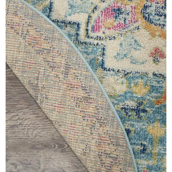 5' Ivory And Blue Oriental Distressed Round Rug Photo 7