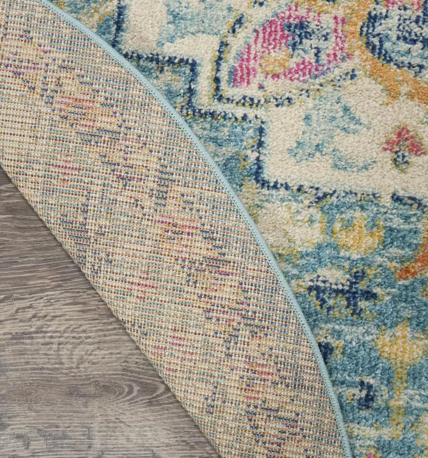 5' Ivory And Blue Oriental Distressed Round Rug Photo 7